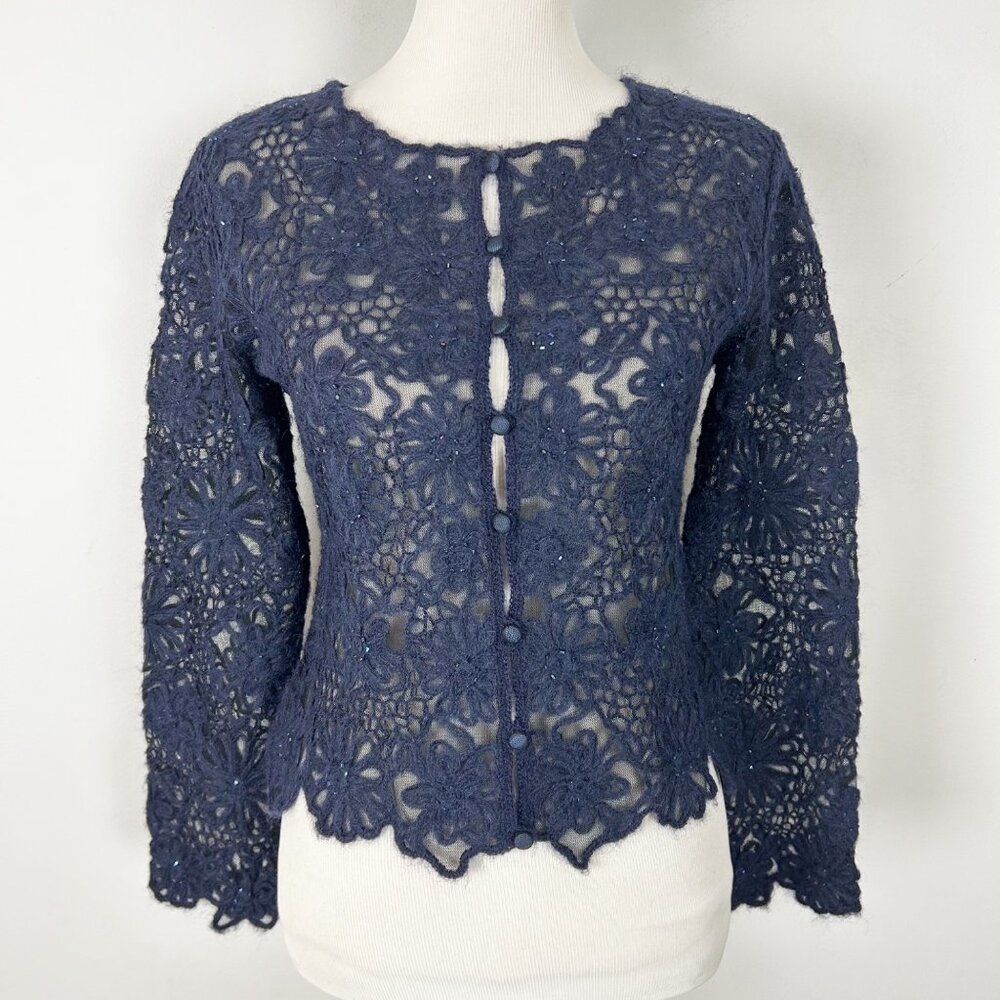 Cheap & Chic by Moschino Navy Floral Lace Cardigan Sweater Size Small Women's